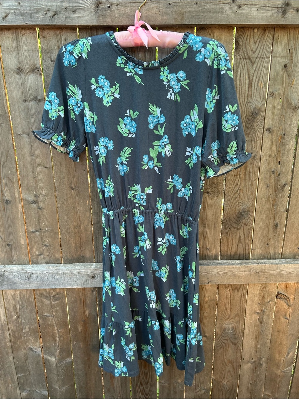 Loft Floral Short Sleeve Dress with Blue-Green Blooms